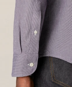 Off The Water Eton Navy Houndstooth Cotton Tencel Flannel-Slim Fit Button Down Collar