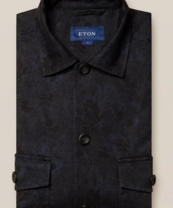 Off The Water Eton Dark Blue Floral Print Gabardine Overshirt