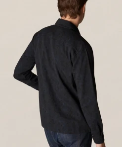 Off The Water Eton Dark Blue Floral Print Gabardine Overshirt